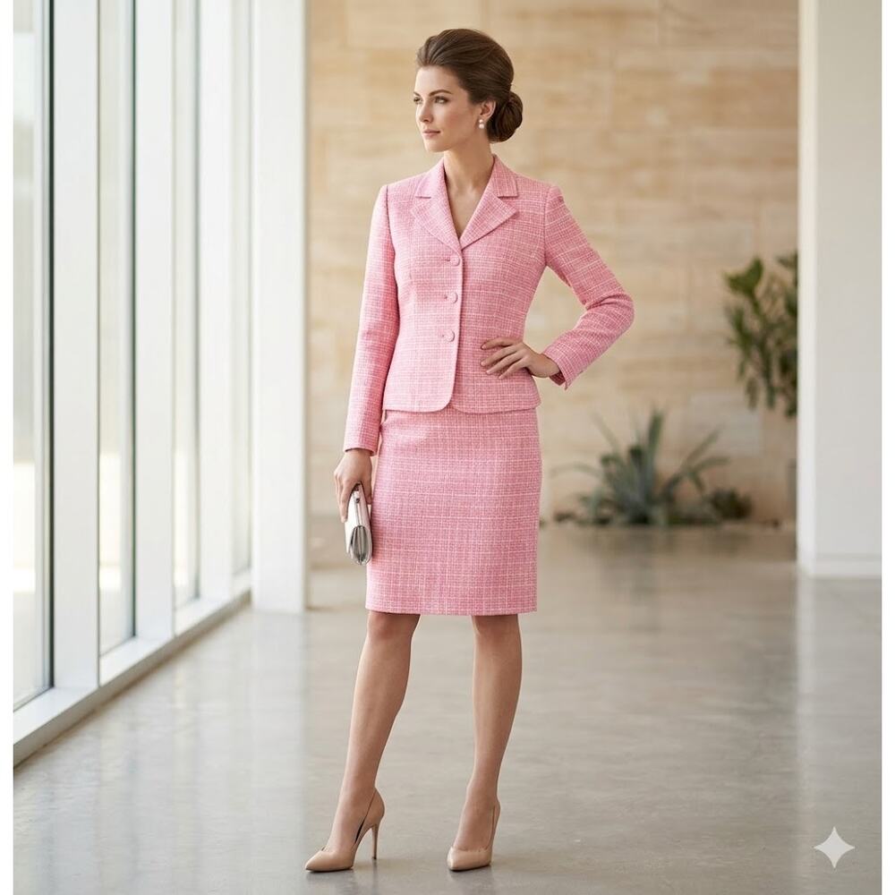 Lew Magram 2 piece Career Jacket Blazer Skirt Set Size 10 Pink fully lined suit